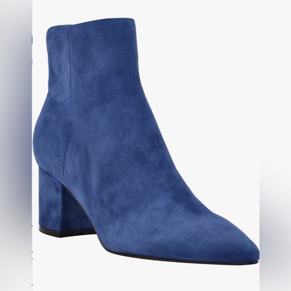 Marc Fisher Jojo Pointed Toe Bootie Blue Suede Block Heel Ankle Boot